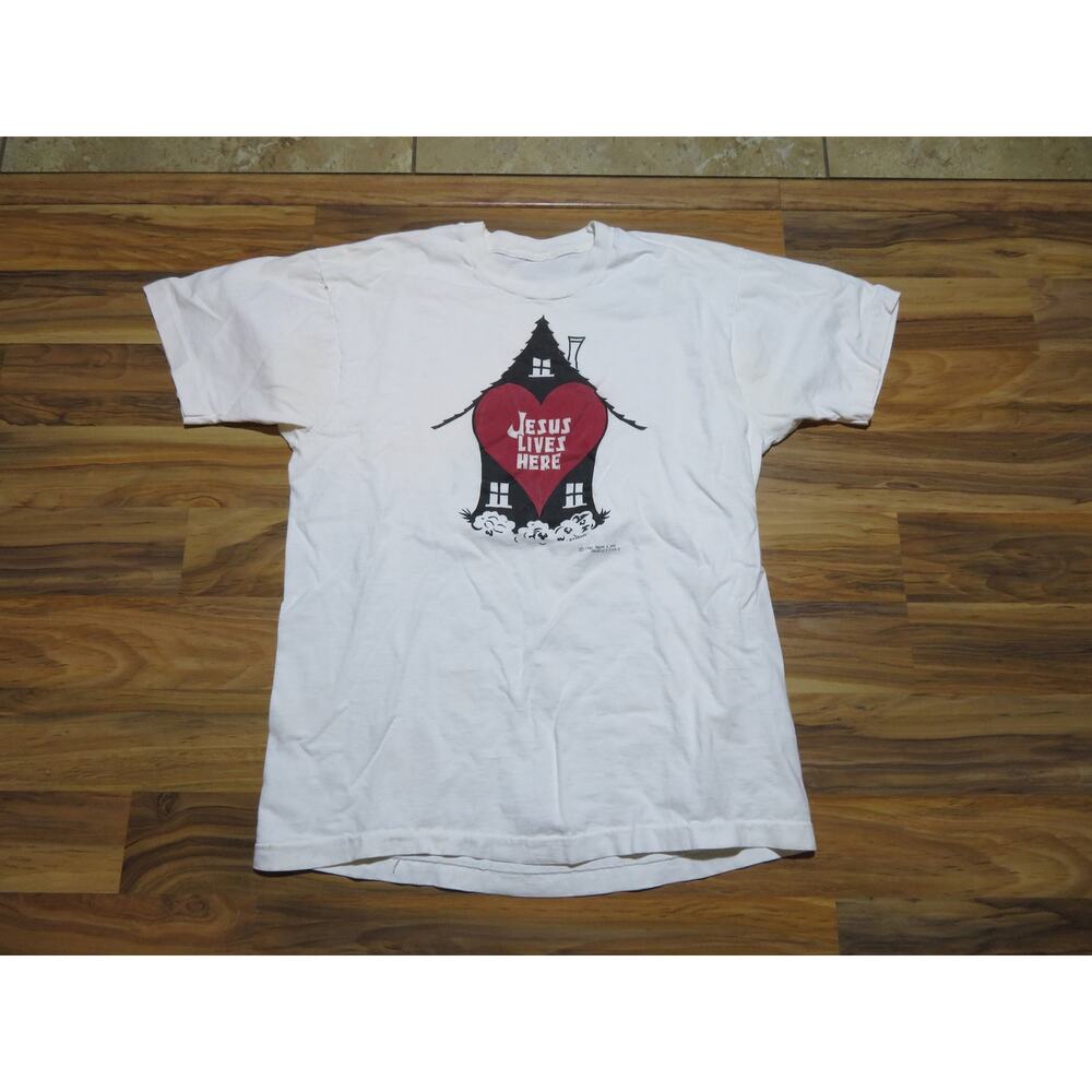 Jesus Lives Here Heart House White T-shirt Sz L 1990s